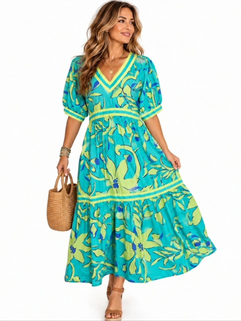 Gretchen Scott Viviers Maxi Dress Small 100% Cotton Turquoise Green Floral Boho
